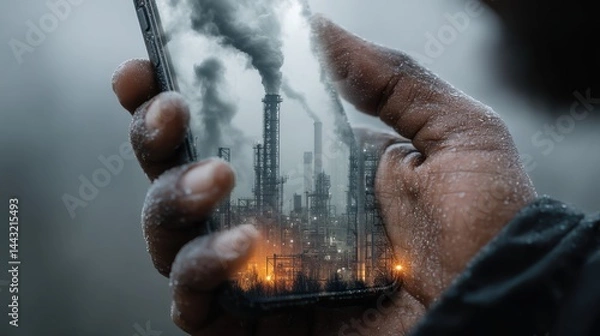 Obraz Close up of a hand holding a smartphone displaying an image of an industrial landscape emitting dark smoke.