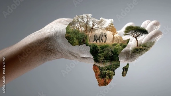 Obraz A pair of hands gently cradles a vibrant image of the African continent, showcasing diverse landscapes and wildlife.