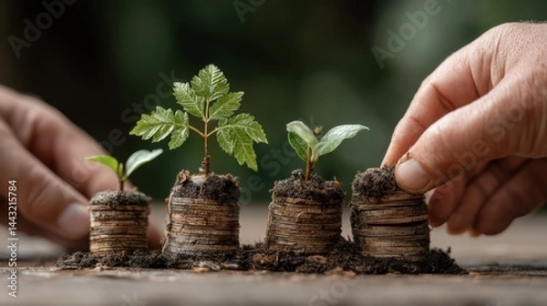 Obraz Hands planting young green seedlings in soil atop stacks of coins, representing growth and investment.