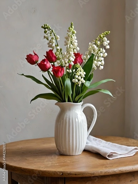 Obraz A bouquet of lily of the valley and red roses in a small vase sits on a table. The white bells are perfectly outlined with crisp, luminous contours.