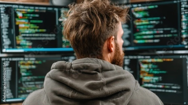 Fototapeta Man reviewing lines of code on multiple computer screens, rear view, dark background.