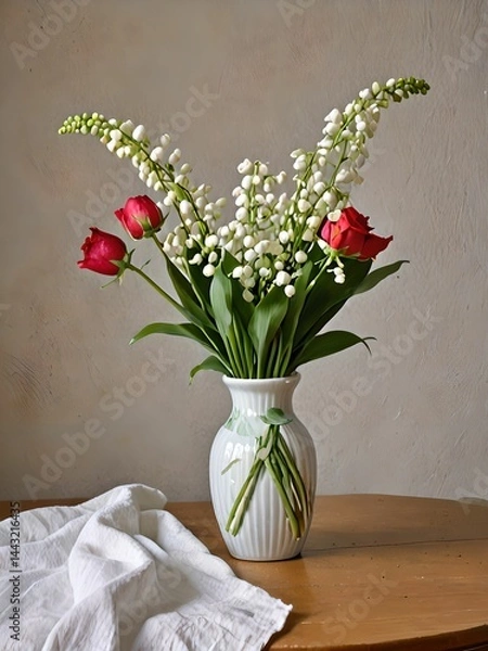 Fototapeta A bouquet of lily of the valley and red roses in a small vase sits on a table. The white bells are perfectly outlined with crisp, luminous contours.