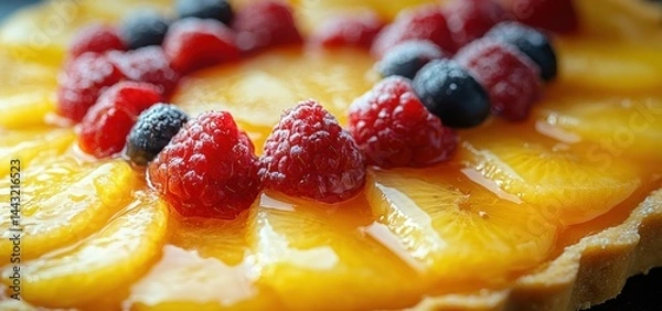 Obraz Delicious Fruit Tart: A Close-Up of Raspberries, Blueberries, and Pineapple