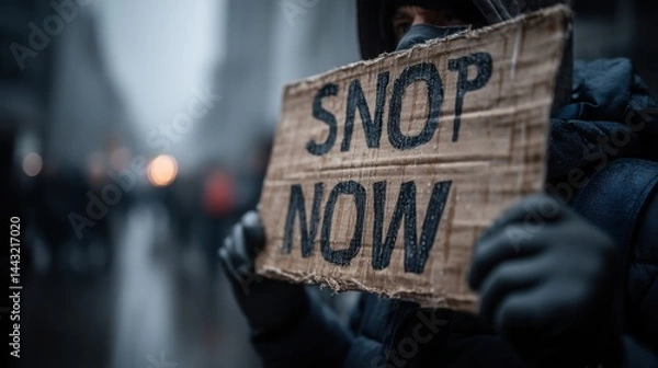 Obraz Person holding a cardboard sign that says 'Snop Now' during a protest in snowy weather.