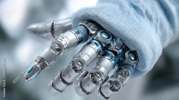 Obraz Close up of a robotic hand in a light blue sleeve, holding a syringe. Metallic, detailed textures.