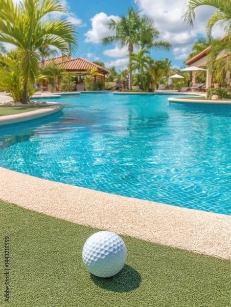 Obraz Golf ball resting on artificial green grass near a swimming pool with palm trees and blue sky summer vacation leisure beautiful sunny day tropical resort