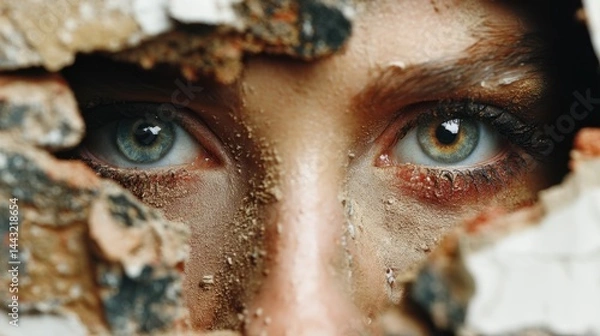 Obraz Close up of a woman's eyes peering through a crumbling wall, covered in dust and debris. Dramatic lighting and intense gaze.