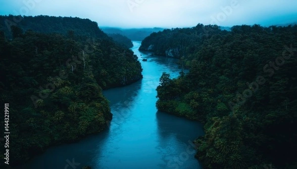 Fototapeta Misty river valley