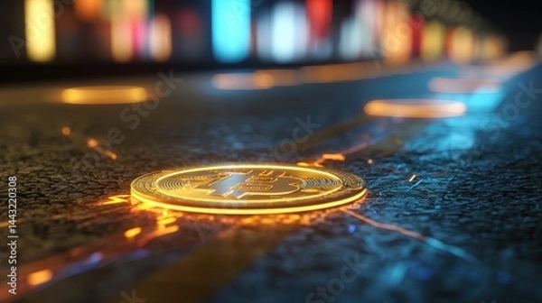Obraz Glowing Bitcoin on Futuristic City Street at Night Cryptocurrency Digital Currency Concept
