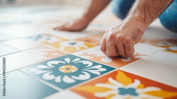 Obraz A person carefully places and adjusts decorative ceramic tiles with vibrant patterns on a renovated floor, showcasing skilled craftsmanship and attention to detail