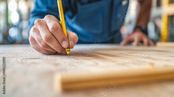 Obraz Skilled carpenter measuring and marking wooden surface in workshop during daylight to create precise woodworking project