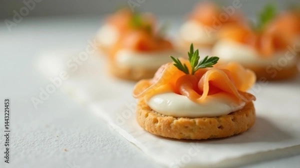 Fototapeta Appetizing salmon canap?s with creamy topping and fresh garnish, perfect for elegant events
