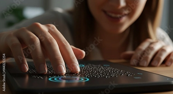 Fototapeta Blind person reading braille displayed on a haptic touchscreen device
