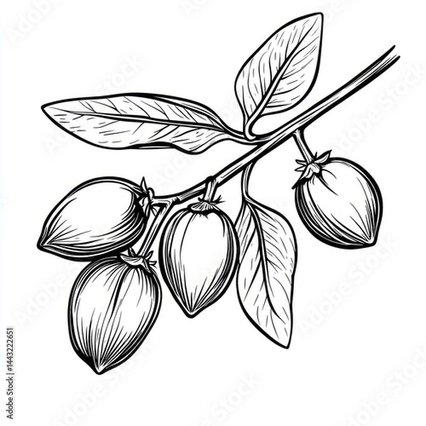 Obraz Ink drawing of jojoba plant branch with leaves and seed pods.