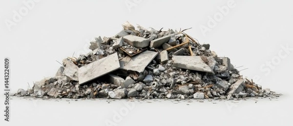 Obraz Concrete rubble pile on white background showcasing construction demolition debris and industrial waste for recycling and building material concept