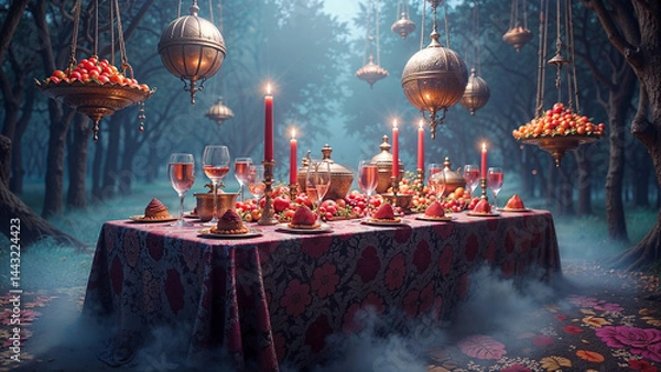 Fototapeta Enchanted dining experience in a mystical forest at twilight with elegant decor and natural beauty