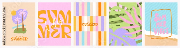 Obraz Creative concept of summer vacation cards set with abstract pattern, tropical leaves, plants, palms and sea beach. Modern art design templates for ads, branding, banner, cover, label, poster, print