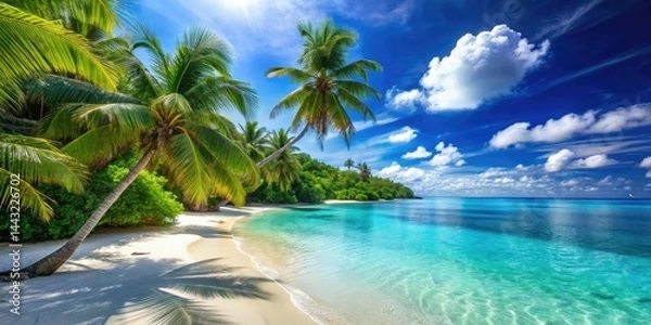 Fototapeta Surreal Tropical Beach Paradise: Idyllic Getaway, Clear Water, Palm Trees, Blue Sky