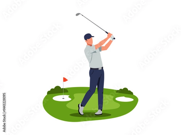 Fototapeta Golfer mid-swing on a green with a hole and flag. Vector illustration of a man playing golf. Focus on the action and the course elements.