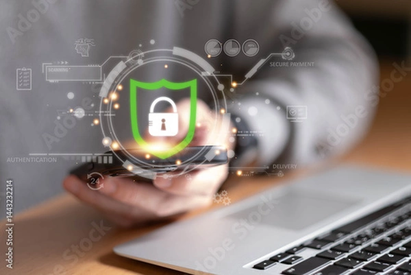 Fototapeta People hand using smartphone and laptop to make payment for online shopping application. Digital payment secure online transaction for online marketplace. Secure payment process to prevent fraud