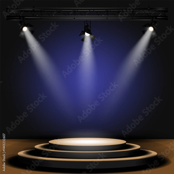 Fototapeta A ready-made stage for a performance, presentation or event. Three-tiered round stage, with spotlights on a truss structure. The lighting is bright and gradually dissipates. Vector illustration EPS10