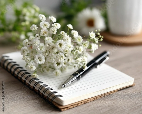 Obraz Elegant Notebook with Pen and Fresh Flower Arrangement on Table