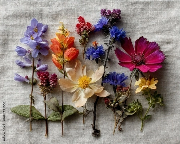 Obraz Vibrant Mixed Wildflowers Arranged on Natural Fabric Background