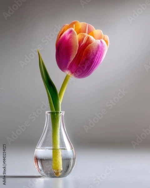 Obraz Single Tulip Flower in Clear Glass Vase with Soft Background Light