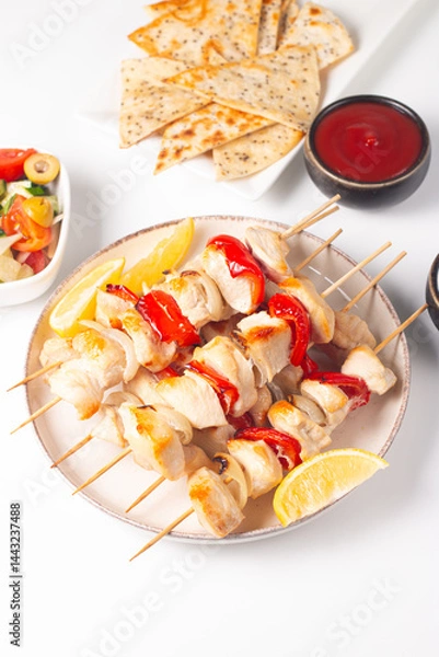 Fototapeta Grilled chicken skewers. Satay with side lemon and salad. Kebab with sauces. 