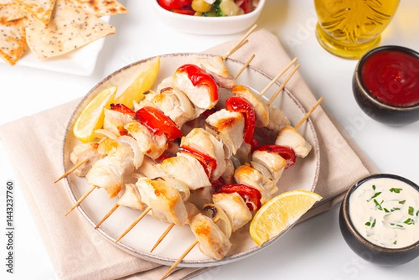 Fototapeta Grilled chicken skewers. Satay with side lemon and salad. Kebab with sauces. 