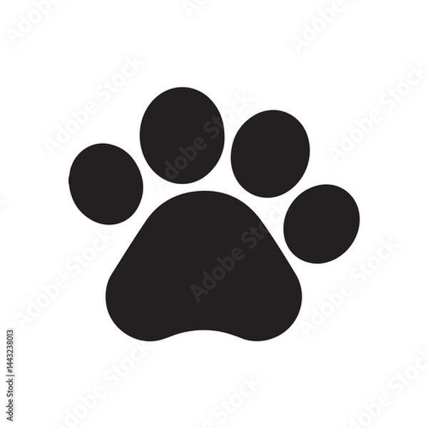 Fototapeta Paw print dog, wolf, tiger or cat. Pet prints. Footprint icon. Black foot puppy isolated on white background. Paws nail shape. Silhouette walks. Animal design. Draw wild walk. Muddy trace feet. Vector