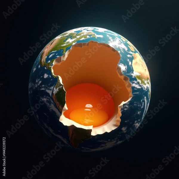 Obraz Earth with a cracked surface revealing an egg yolk core, outer space background, planetary view