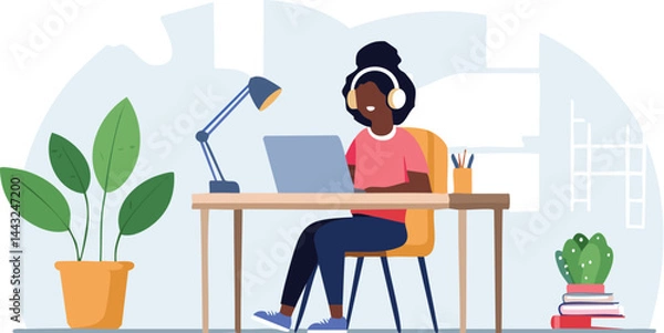 Fototapeta A girl listning to musing with laptop using headfone