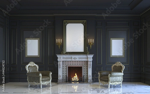 Obraz A classic interior is in dark tones with fireplace. 3d rendering.
