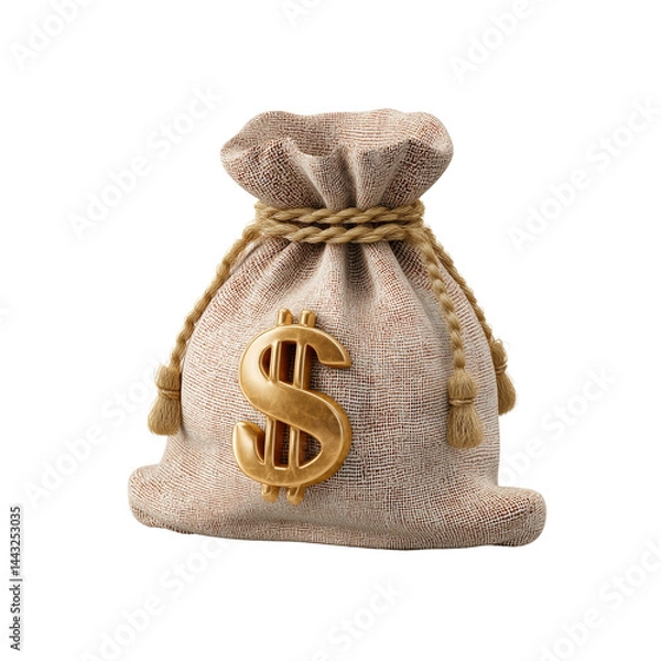 Fototapeta A money bag made of burlap with a golden dollar sign emblem, symbolizing wealth and finance.