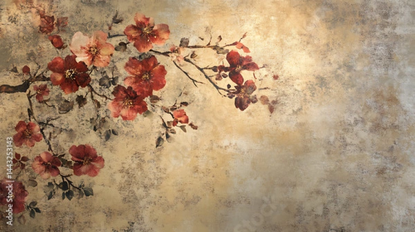 Fototapeta An elegant floral arrangement with deep red blossoms graces a textured, neutral-toned backdrop.