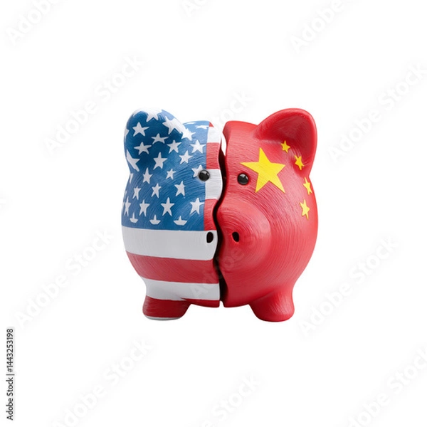 Fototapeta A split piggy bank featuring the flags of the USA and China, symbolizing economic ties and competition between the two nations.