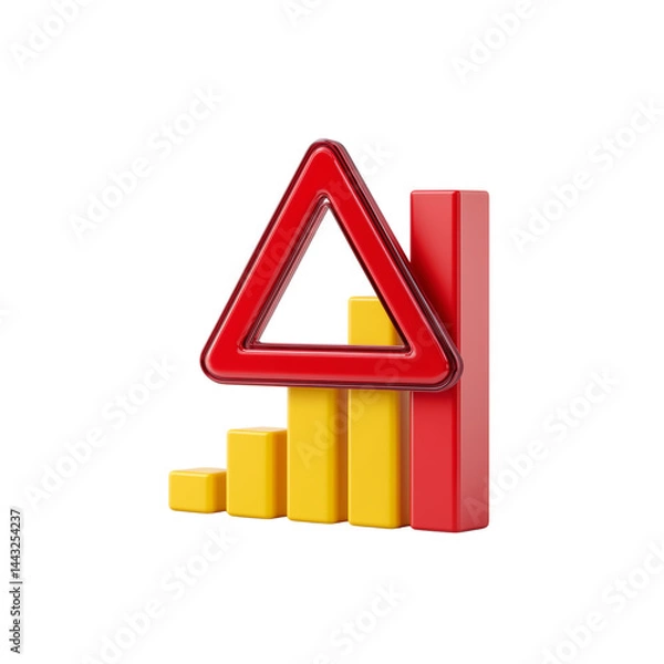 Obraz A graphic representation featuring a triangular warning symbol alongside vertical bars in red and yellow, indicating data trends or fluctuations.