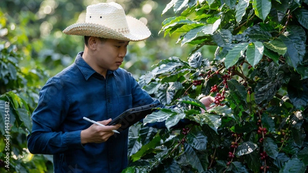 Fototapeta Smart farmer using laptop in green coffee farm sustainable quality control agriculture technology Harvest coffee bean ripe Red berries typing laptop computer check quality control plant coffee tree.