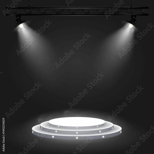 Fototapeta Stage for a speech, presentation or award ceremony. Round white podium with spotlights and light haze. Two spotlights on a truss structure with bright soft light. JPEG