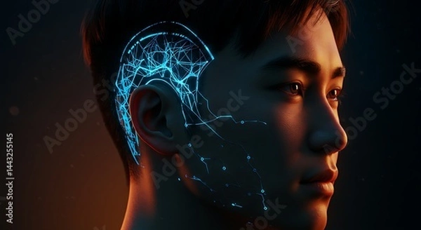 Obraz A futuristic human with a glowing neural interface embedded in their skull