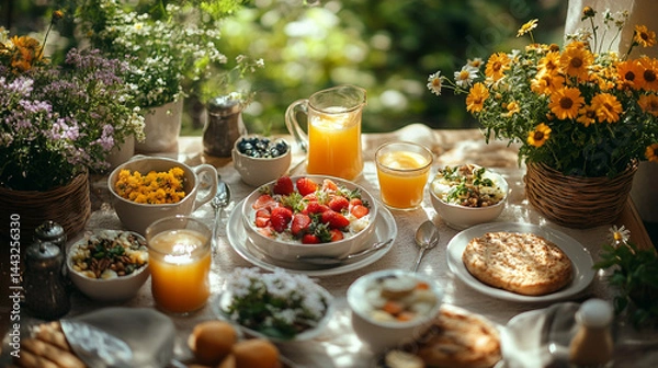 Obraz Outdoor breakfast spread with fruit, bread, and juice on a sunny garden table
