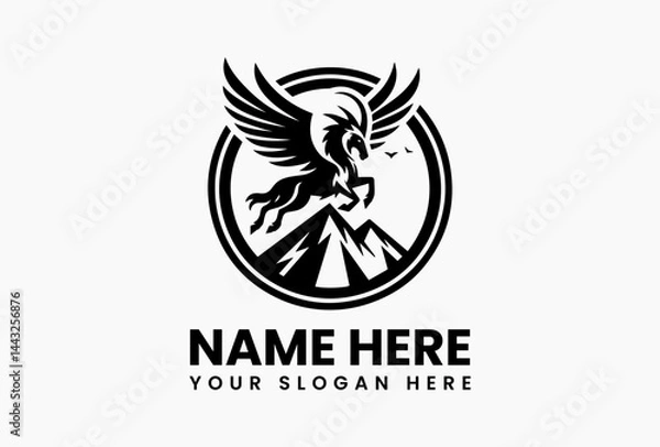 Fototapeta Stylized Winged Goat Mountain Top Vector Graphic. Mythical Adventure Design