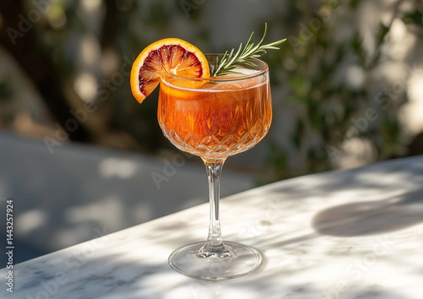 Fototapeta Elegant orange cocktail garnished with blood orange slice and fresh rosemary sprig on white marble table in sunny outdoor garden bar with blurred green foliage background