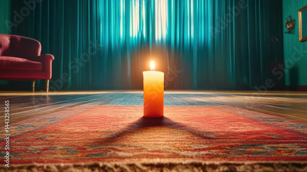 Fototapeta Flickering Candle Illuminating Fear and Terror in a Dim Room Emotional Scene Intimate Perspective