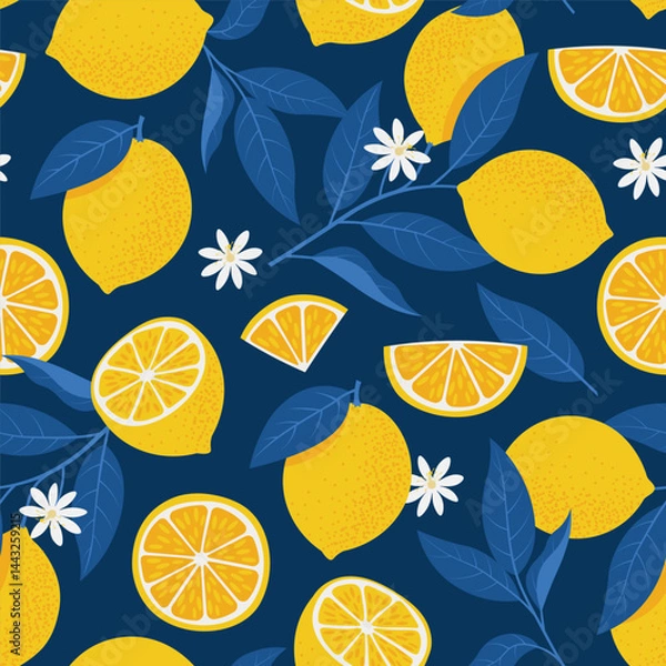 Fototapeta Lemons Seamless Pattern in Mediterranean style. Vector illustration in freehand flat style