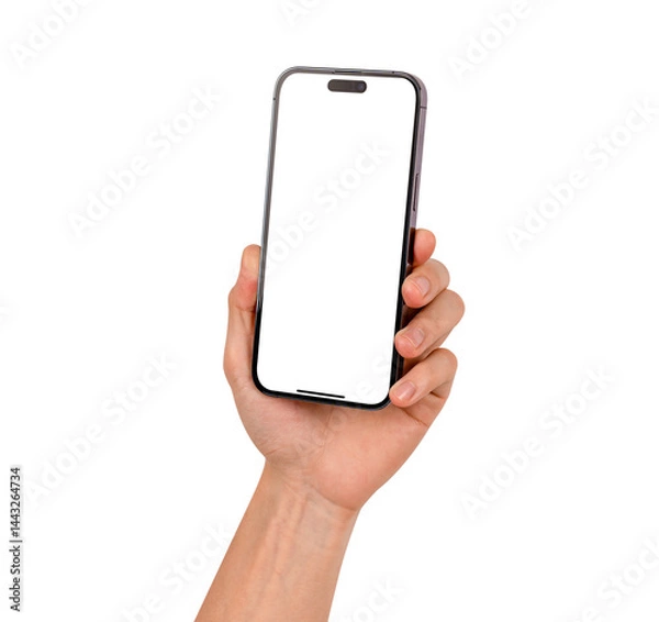 Obraz Hand holding smartphone with blank screen isolated. High quality studio shot. Concept for technology, business, finance and advertising.