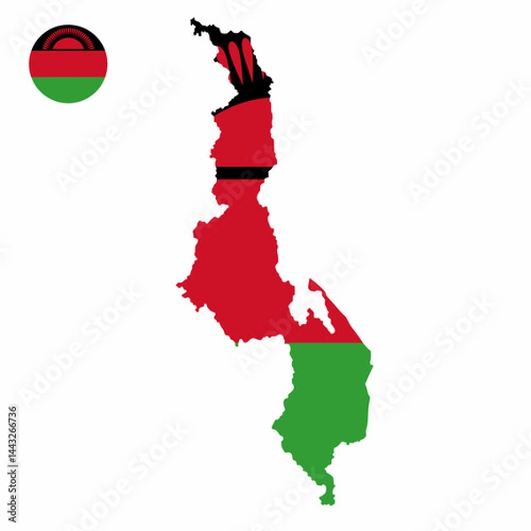Fototapeta Vector set of Malawi high detailed map flag and national flag round badge isolated on white background.