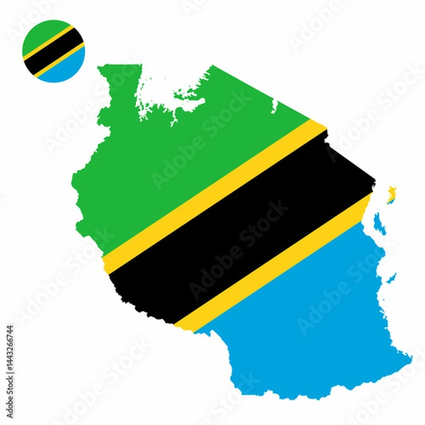 Fototapeta Vector set of Tanzania high detailed map flag and national flag round badge isolated on white background.