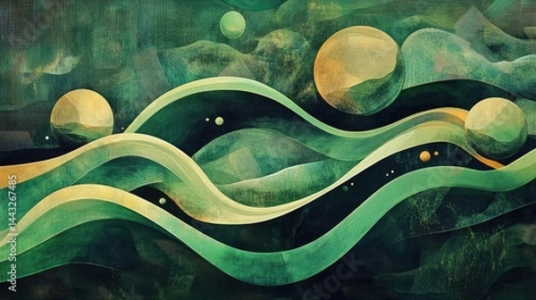 Fototapeta Elegant abstract green background featuring flowing waves of transparent glass ,abstract green background with some smooth lines in it and some water drops
